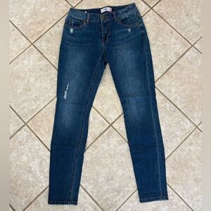 CAbi Blue Skinny Jeans with Stretch and Distressed Details